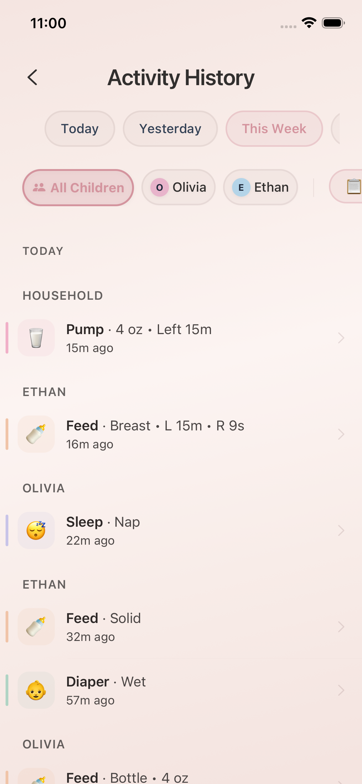 Activity history showing logged feeds, diapers, and sleep